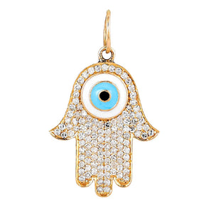 14K Solid Gold Pave Diamond Evil Eye Enamel Hamsa Pendant, (14K-DP-031)