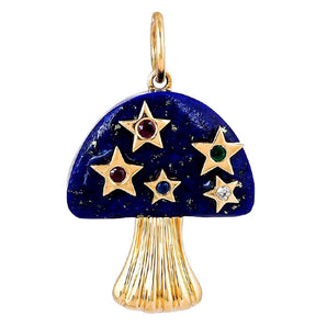 14K Solid Gold Pave Diamond & Lapis Mushroom Pendant, (14K-DP-028)