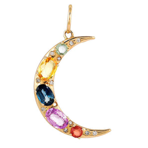 14K Solid Gold Pave Diamond & Multi Sapphire Crescent Moon Pendant, (14K-DP-030)