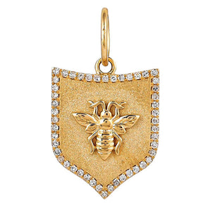 14K Solid Gold Pave Diamond Shield Bee Pendant, (14K-DP-022)