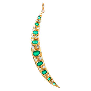 14K Solid Gold Pave Diamond & Emerald Crescent Moon Pendant, (14K-DP-016)