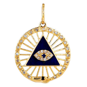 14K Solid Gold Pave Diamond & Lapis Evil Eye Pendant, (14K-DP-021)