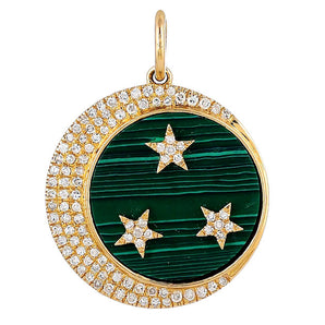 14K Solid Gold Pave Diamond & Malachite Moon & Star Pendant, (14K-DP-017)