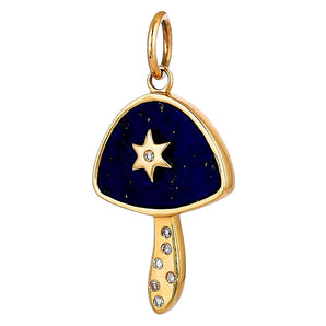 14K Solid Gold Pave Diamond & Lapis Mushroom Star Pendant, (14K-DP-029)