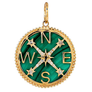 14K Solid Gold Pave Diamond & Malachite North Star Pendant, (14K-DP-018)