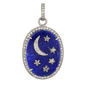 Pave Diamond Lapis Moon & Star Night Sky Pendant, (DPL-2524)