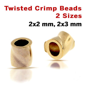 14K Gold Filled Twisted Tube Crimp Beads,  Available in 2 Sizes - 2x2 & 2x3 mm, (GF-381-T)