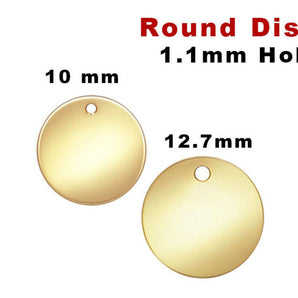 14K Gold Filled Round Disc 1.1 mm Hole, 0.8 mm Thickness, (GF-830)