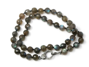 Labradorite Faceted 8 mm Round, Silk Hand Knotted w/ Pave Diamond Clasp, (DCHN-29) - Beadspoint
