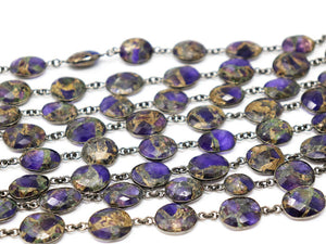 Purple Metallic Turquoise Faceted Bezel Chain in Antique Rhodium, 14x12 mm, (BC-MTR-288)