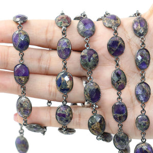 Purple Metallic Turquoise Faceted Bezel Chain in Antique Rhodium, 14x12 mm, (BC-MTR-288)