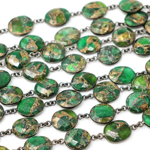 Green Metallic Turquoise Faceted Bezel Chain in Antique Rhodium, 14x12mm,(BC-MTR-287)