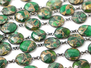 Green Metallic Turquoise Faceted Bezel Chain in Antique Rhodium, 14x12mm,(BC-MTR-287)