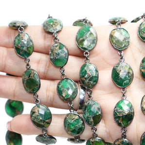 Green Metallic Turquoise Faceted Bezel Chain in Antique Rhodium, 14x12mm,(BC-MTR-287)