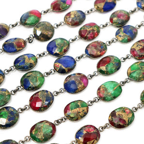 Multicolor Metallic Turquoise Faceted Bezel Chain in Antique Rhodium, 14x12 mm, (BC-MTR-285)