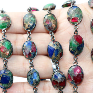 Multicolor Metallic Turquoise Faceted Bezel Chain in Antique Rhodium, 14x12 mm, (BC-MTR-285)