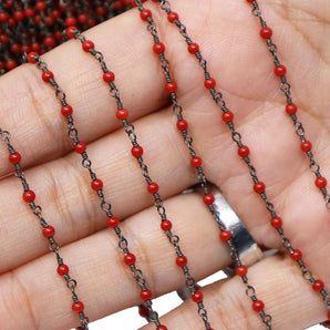Red Onyx Smooth Wire Wrapped Rosary Chain in Antique Rhodium, 2-2.5 mm, (RS-RNX-250)