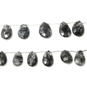 Natural Black Rutile Faceted Pear Drops, 9x12-12x15 mm, Rich Color, Rutile Gemstone Beads, (RTB-PR-9x12)(523)