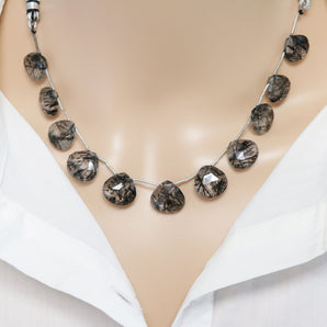 Natural Black Rutile Faceted Heart Drops, 13-16 mm, Rich Color, Rutile Gemstone Beads, (RTB-HRT-13-16)(530)