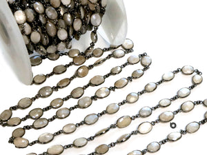 Moonstone Cream color Oval Faceted Bezel Chain, (BC-MNS-279) - Beadspoint