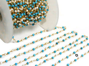 Turquoise and Pearl wire wrapped rosary chain, (RS-TRPL-24) - Beadspoint
