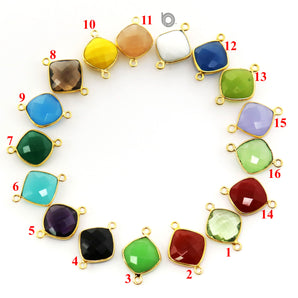 Gold Plated Faceted Cushion Bezel Connector, 15 mm, multiple gemstones, (BZC-3025 ) - Beadspoint