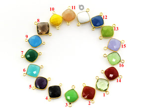 Gold Plated Faceted Cushion Bezel Connector, 15 mm, multiple gemstones, (BZC-3025 ) - Beadspoint