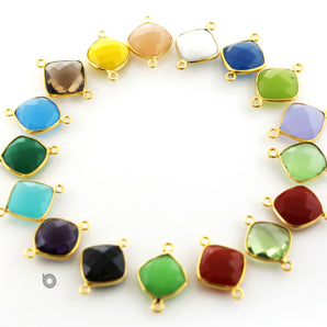 Gold Plated Faceted Cushion Bezel Connector, 15 mm, multiple gemstones, (BZC-3025 ) - Beadspoint