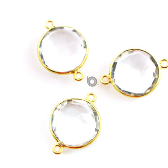 Gold Plated Faceted Rock Crystal Coin Connector, 14 mm, (BZC-7127) - Beadspoint