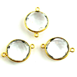 Gold Plated Faceted Rock Crystal Coin Connector, 14 mm (BZC-7127) - Beadspoint