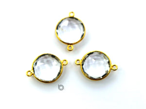 Gold Plated Faceted Rock Crystal Coin Connector, 14 mm, (BZC-7127) - Beadspoint