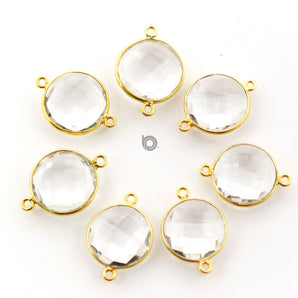Gold Plated Faceted Rock Crystal Coin Connector, 16 mm, (BZC-7128) - Beadspoint