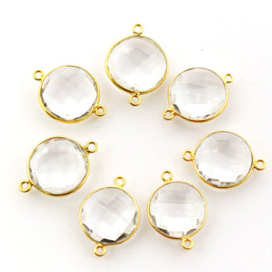 Gold Plated Faceted Rock Crystal Coin Connector, 16 mm (BZC-7128) - Beadspoint
