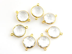 Gold Plated Faceted Rock Crystal Coin Connector, 16 mm (BZC-7128) - Beadspoint