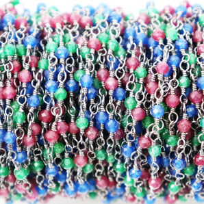 Ruby, Emerald and Sapphire wire wrapped rosary chain (RS-RES-240) - Beadspoint