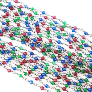 Ruby, Emerald and Sapphire wire wrapped rosary chain (RS-RES-240) - Beadspoint