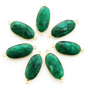 Gold Plated Faceted Dyed Emerald Oval Connector, 12x24 mm (BZC-7273/OV) - Beadspoint