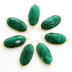 Gold Plated Faceted Dyed Emerald Oval Connector, 12x24 mm (BZC-7273/OV) - Beadspoint