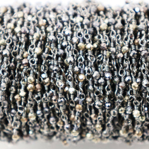 Pyrite Gunmetal wire wrapped rosary chain in Oxidized finish (RS-GPY-246) - Beadspoint