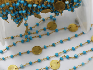 Turquoise w/ Gold Disc Wire Wrapped Rosary Chain, (RS-TUR-189) - Beadspoint