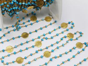 Turquoise w/ Gold Disc Wire Wrapped Rosary Chain, (RS-TUR-189) - Beadspoint