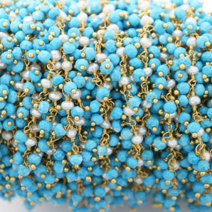 Turquoise and Pearl Cluster Wire Wrapped Rosary Chain, (RS-TRPL-187) - Beadspoint