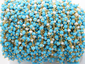Turquoise and Pearl Cluster Wire Wrapped Rosary Chain, (RS-TRPL-187) - Beadspoint