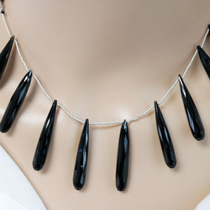 Black Onyx Faceted Long Thin Pencil Drops, 7x37 mm, Rich Color, Onyx Gemstone Beads, (BONx-PEN-7x37)(123)