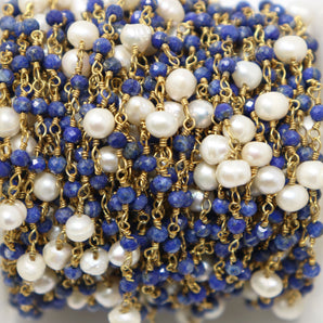 Pearl and Lapis Wire Wrapped Rosary Chain, (RS-LAPL-206) - Beadspoint