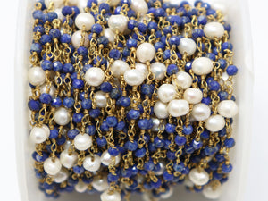 Pearl and Lapis Wire Wrapped Rosary Chain, (RS-LAPL-206) - Beadspoint