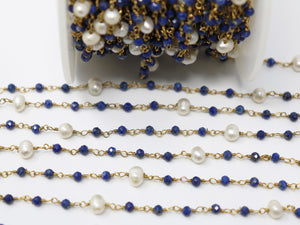 Pearl and Lapis Wire Wrapped Rosary Chain, (RS-LAPL-206) - Beadspoint