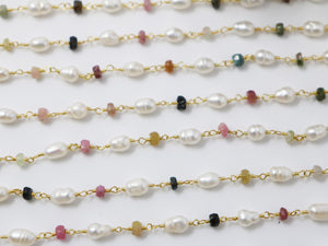 Pearl and Mixed Tourmaline Wire Wrapped Rosary Chain, (RS-PLTM-208) - Beadspoint