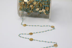 Aqua Chalcedony with Gold Disc Wire Wrapped Rosary Chain, (RS-ACL-211 ) - Beadspoint