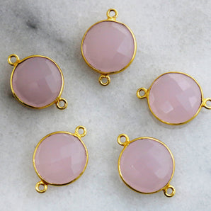 Gold Plated Faceted Rose Quartz Coin Connector, 18 mm (BZC-7293 ) - Beadspoint